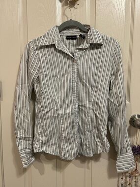 New York & Company Black and White Vertical Stripe Button-Up Shirt